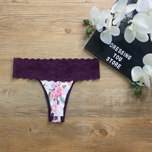 Load image into Gallery viewer, LACE-WAIST THONG PANTY - FLOWERS PURPLE
